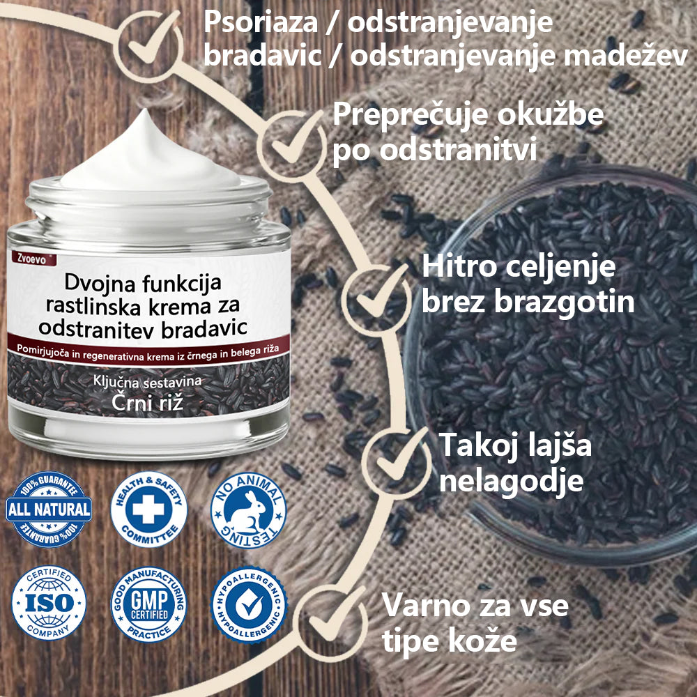 Zvoevo® Black Rice Skin Repair Essence Cream ⚕️ Certificirano pri EU (Odstranjuje bradavice in kožne izrastke, lajša luskavico, izboljšuje kopičenje keratina in folikularno keratinizacijo, posvetli pigmentacijo, sončne pege in starostne pege)