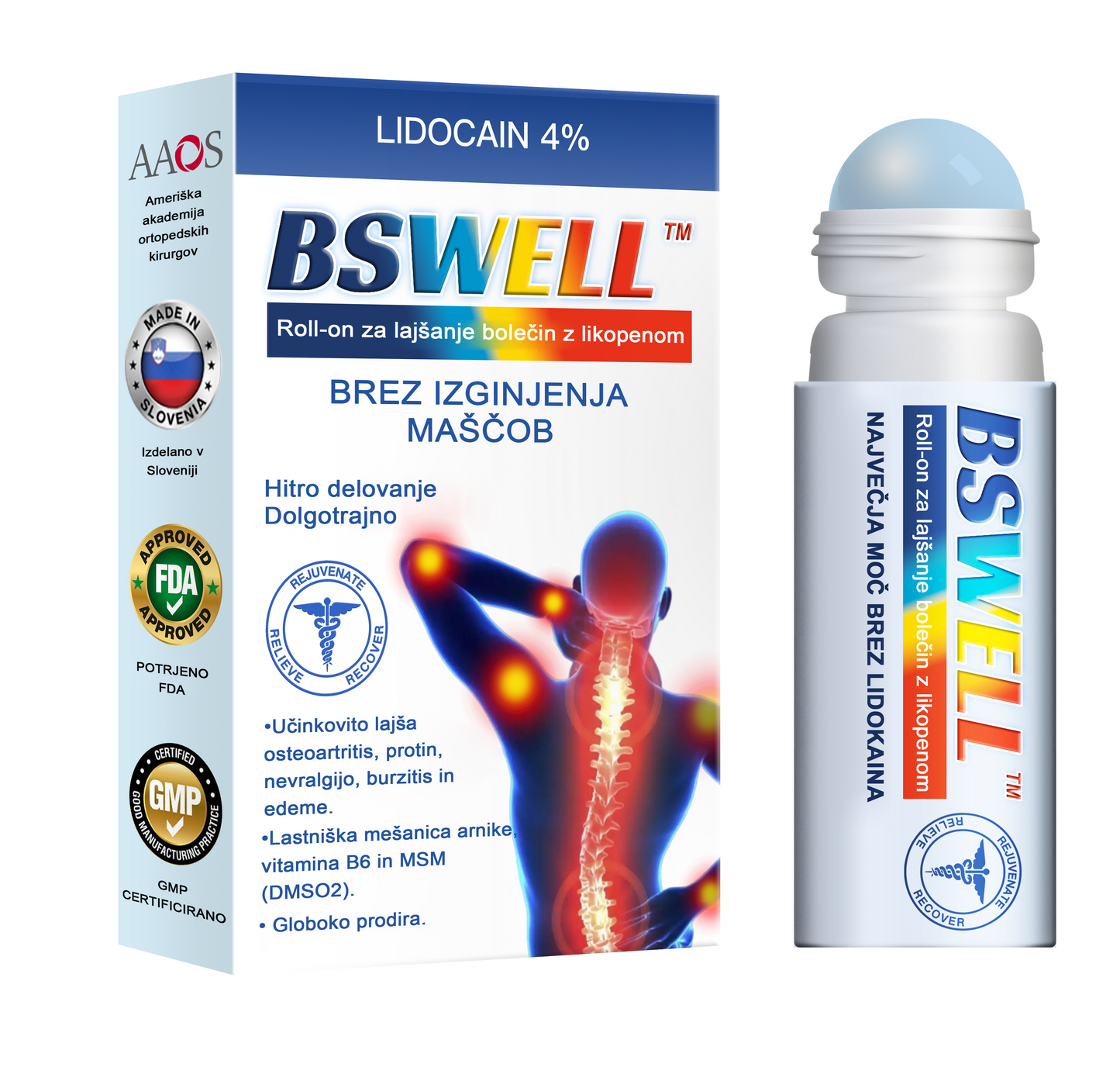 BSWELL™ Lidokain Gel za lajšanje bolečin- (zmanjšuje otekanje sklepov, bolečino, okorelost, rdečico, toploto, bolečino in utrujenost sklepov), 4% lidokain, glukozamin, MSM, arnika, hondroitin, vitamin K2.