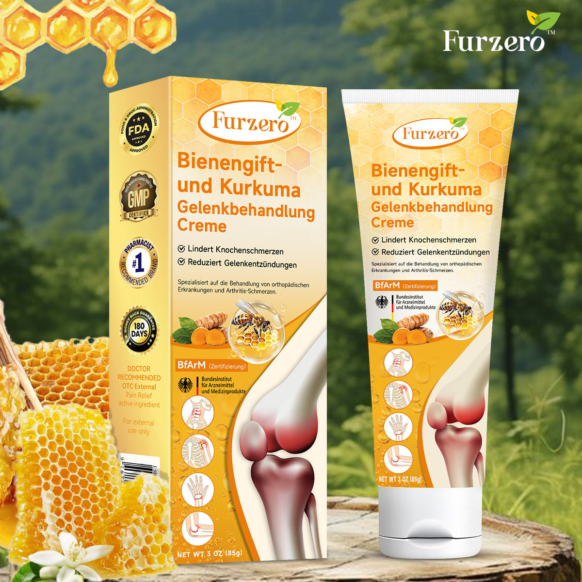 Furzero™ Krema za zdravljenje čebeljega strupa s čebeljim voskom in kurkumo na vodni osnovi (uporablja se posebej za lajšanje ortopedskih težav in bolečin pri artritisu)
