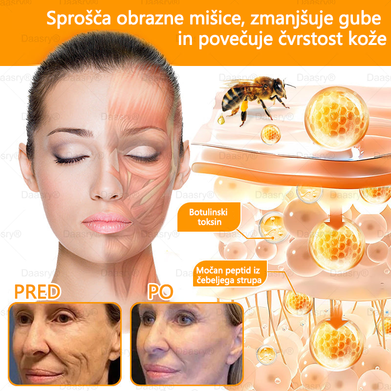 Daasry® Krema z čebeljim strupom vsebuje peptide čebeljega strupa, botulin toksin, hialuronsko kislino in kolagen✨ Za gubice, drobne linije, ohlapno kožo, strije in temne madeže! 💖 Pusti, da tvoja koža postane bolj čvrsta, napeta in sijoča! ✨