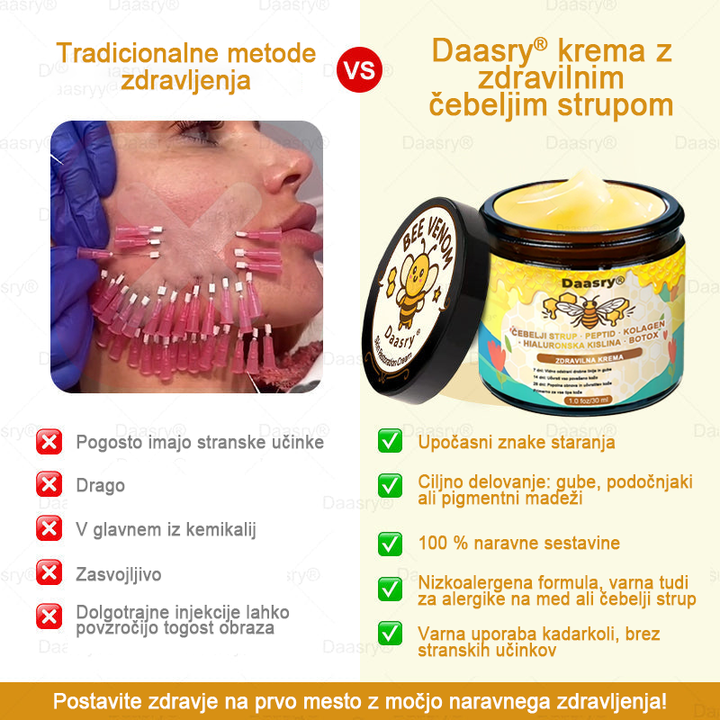 Daasry® Krema z čebeljim strupom vsebuje peptide čebeljega strupa, botulin toksin, hialuronsko kislino in kolagen✨ Za gubice, drobne linije, ohlapno kožo, strije in temne madeže! 💖 Pusti, da tvoja koža postane bolj čvrsta, napeta in sijoča! ✨