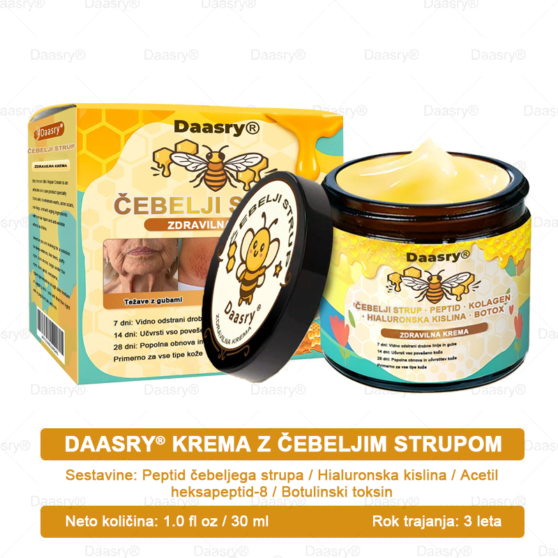 Daasry® Krema z čebeljim strupom vsebuje peptide čebeljega strupa, botulin toksin, hialuronsko kislino in kolagen✨ Za gubice, drobne linije, ohlapno kožo, strije in temne madeže! 💖 Pusti, da tvoja koža postane bolj čvrsta, napeta in sijoča! ✨