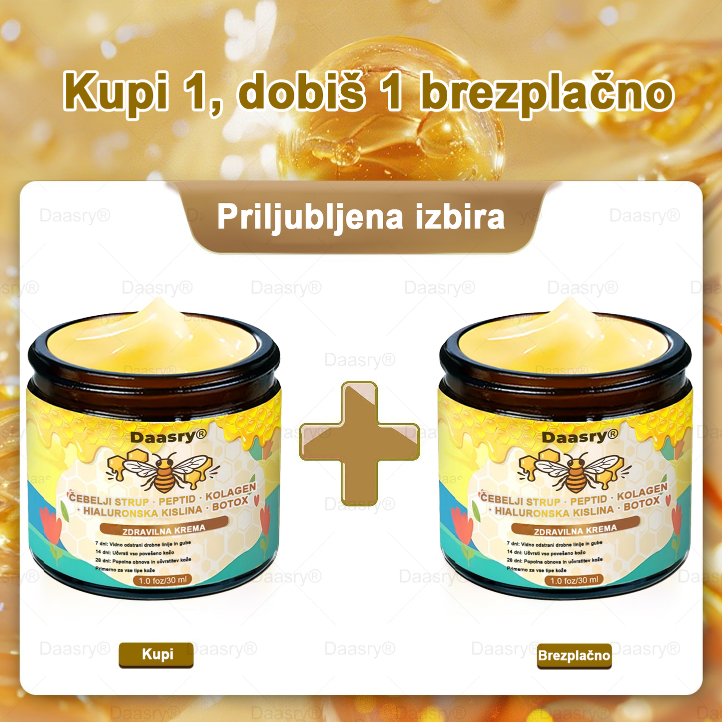 Daasry® Krema z čebeljim strupom vsebuje peptide čebeljega strupa, botulin toksin, hialuronsko kislino in kolagen✨ Za gubice, drobne linije, ohlapno kožo, strije in temne madeže! 💖 Pusti, da tvoja koža postane bolj čvrsta, napeta in sijoča! ✨