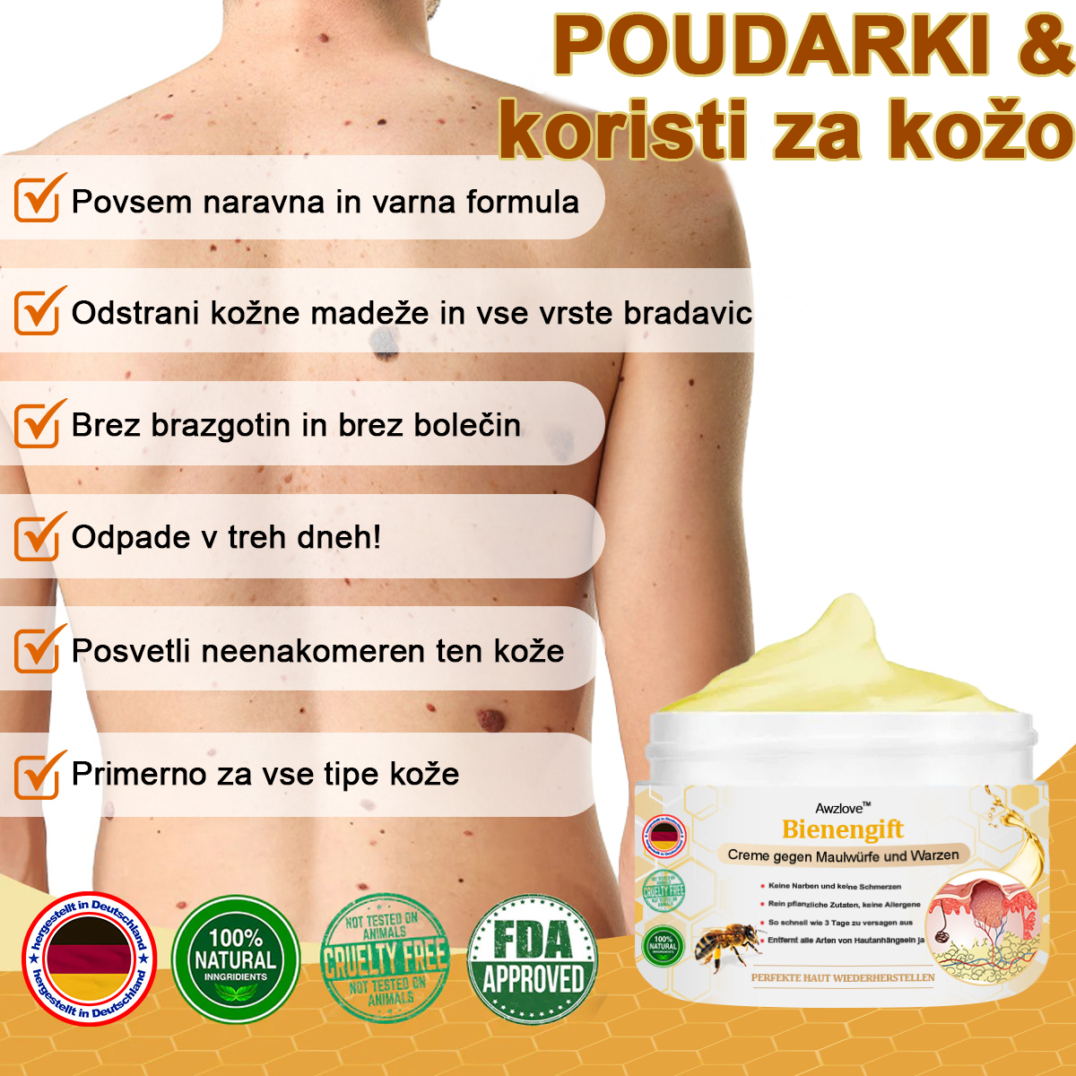 [🌟 gotovina ob dostavi (COD) 🌟] 𝐀𝐰𝐳𝐥𝐨𝐯𝐞™ Krema za zdravljenje madežev in bradavic s čebeljim strupom (priporočila 👨‍⚕AAD)
