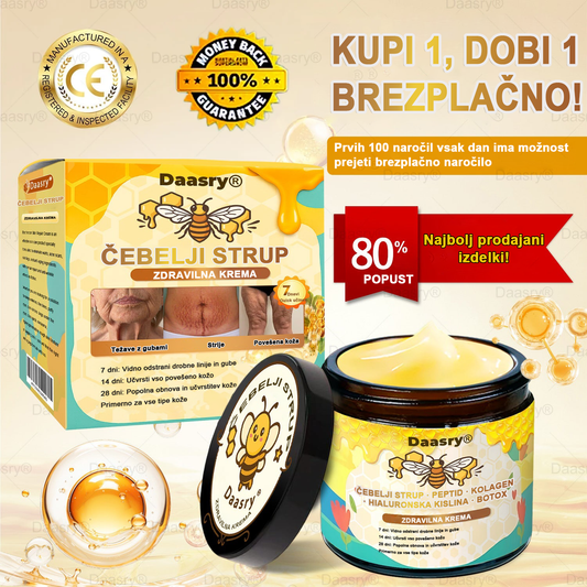 Daasry® Krema z čebeljim strupom vsebuje peptide čebeljega strupa, botulin toksin, hialuronsko kislino in kolagen. 💧 Učinkovito deluje proti gubam, drobnim linijam, povešeni koži, strijam in temnim madežem – za učvrstitev, dvigovanje in vidne rezultate!