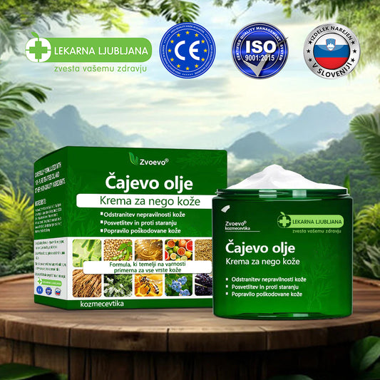 ✅ Certificirano s strani JAZMP 🌿 Zvoevo® Krema z oljem čajevca – Odpravlja nepravilnosti na koži, obnavlja poškodovano kožo, posvetli polt in nudi nego proti staranju