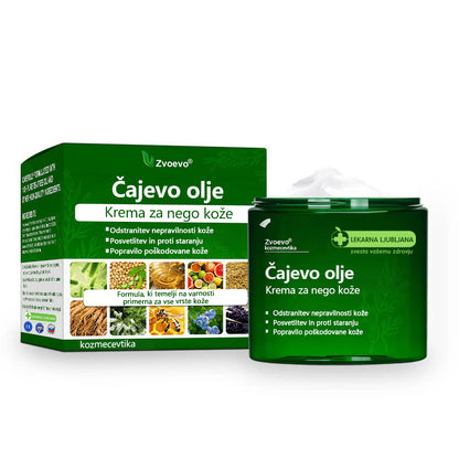 ✅ Certificirano s strani JAZMP 🌿 Zvoevo® Krema z oljem čajevca – Odpravlja nepravilnosti na koži, obnavlja poškodovano kožo, posvetli polt in nudi nego proti staranju 🌳