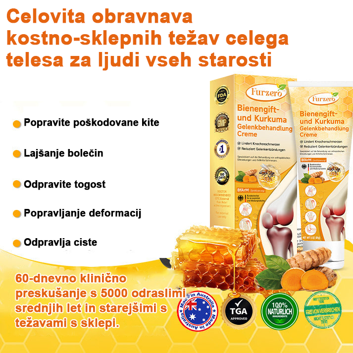 Furzero™ Krema za zdravljenje čebeljega strupa s čebeljim voskom in kurkumo na vodni osnovi (uporablja se posebej za lajšanje ortopedskih težav in bolečin pri artritisu)