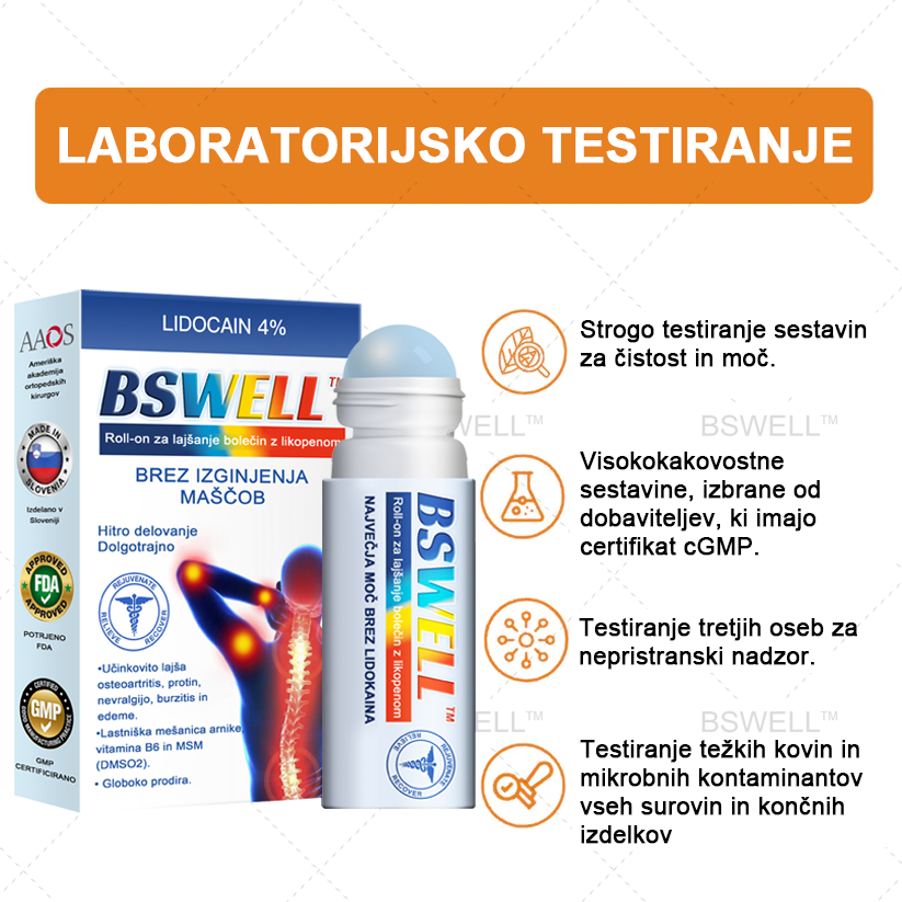 BSWELL™ Lidokain Gel za lajšanje bolečin- (zmanjšuje otekanje sklepov, bolečino, okorelost, rdečico, toploto, bolečino in utrujenost sklepov), 4% lidokain, glukozamin, MSM, arnika, hondroitin, vitamin K2.