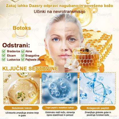 Daasry® Krema z čebeljim strupom vsebuje peptide čebeljega strupa, botulin toksin, hialuronsko kislino in kolagen✨ Za gubice, drobne linije, ohlapno kožo, strije in temne madeže! 💖 Pusti, da tvoja koža postane bolj čvrsta, napeta in sijoča! ✨